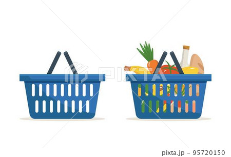Set of empty and full products shopping basket flat vector illustrations 95720150