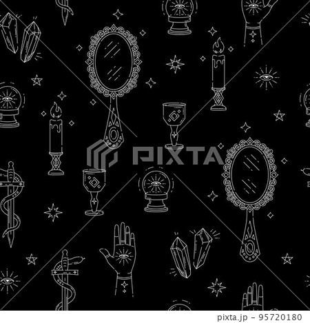 Magic seamless pattern with items, mirror, hands, crystals, eyes, snake, candles Magic seamless pattern with items, mirror, hands, crystals, eyes, snake, candles 95720180