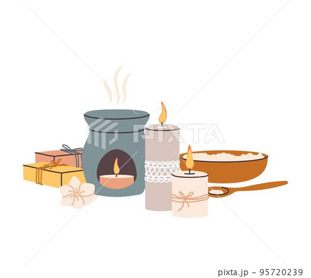 Arrangement with essential oils aromatherapy accessories. Candles, aroma lamp, natural soap, sea salt, fragrant flower 95720239