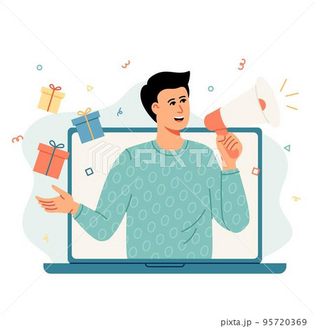 Cheerful man out laptop holding a megaphone and a gifts next to a his hand. 95720369