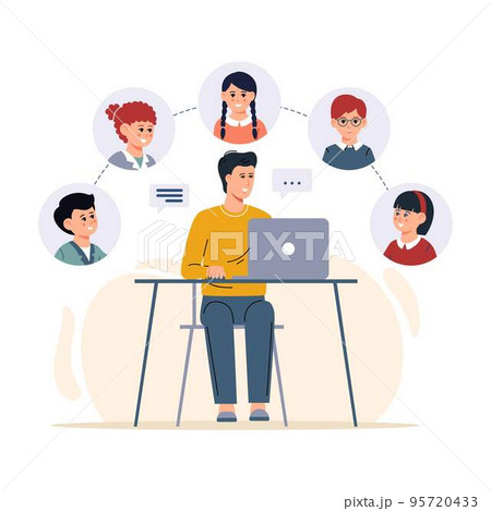 Learn from distance with teacher man, online education. Kids boy and girl studying lesson. 95720433