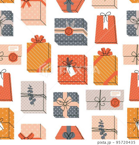 Christmas and Happy New Year seamless pattern with gift boxes on a white background. Christmas and Happy New Year seamless pattern with gift boxes on a white background. 95720435