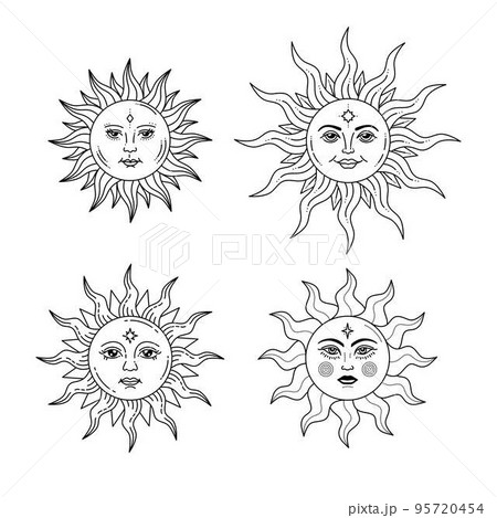 Set of celestial suns with face and opened eyes, stylized drawing, tarot card. Set of celestial suns with face and opened eyes, stylized drawing, tarot card. 95720454