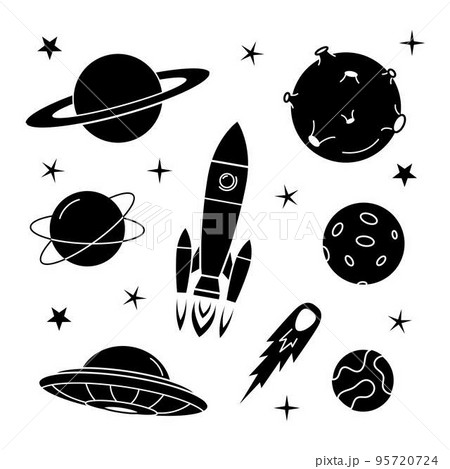 Black icon space set. Rocket, planets, moon, comet, satellite planets and stars. Meteorite and spaceship. Black icon space set. Rocket, planets, moon, comet, satellite planets and stars. Meteorite and spaceship. 95720724