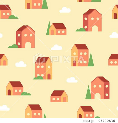 Seamless pattern of tiny geometric houses, clouds and trees in warm colors. 95720836