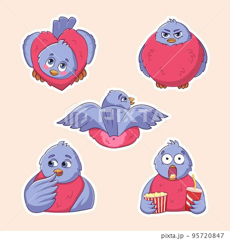 Vector set of cute funny various stickers of bird bullfinchs. Vector set of cute funny various stickers of bird bullfinchs. 95720847
