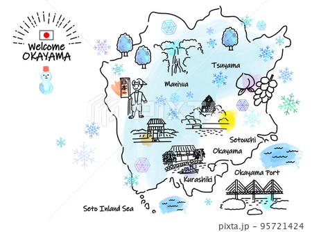 冬の岡山の観光地シンプル線画イラストマップ 95721424
