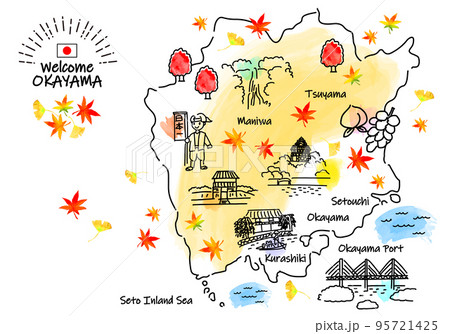 秋の岡山の観光地シンプル線画イラストマップ 秋の岡山の観光地シンプル線画イラストマップ 95721425