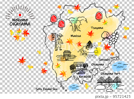 秋の岡山の観光地シンプル線画イラストマップ 秋の岡山の観光地シンプル線画イラストマップ 95721425