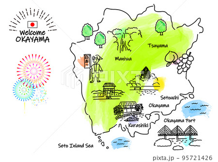 手書きの岡山の観光地シンプル線画イラストマップ