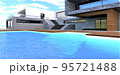 Cool blue water splashes in the pool on the grounds of the stylish estate. The staircase is visible through the surface. 3d render. 95721488