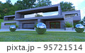 Reflective metal balls in front of the entrance to a futuristic country house lined with a special energy-efficient carbon fiber composite. 3d render. 95721514