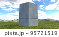 Tombstone of an unknown grave in the shape of a parallelepiped. Around a clearing with green grass. A mountain valley is visible in the distance. 3d render. 95721519