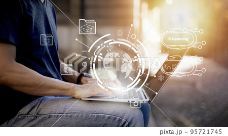 Concept E-learning education,Man using laptop with Online Education icon on virtual screen. video internet lessons and online webinar, online lessons on a digital screen.Education internet Technology. 95721745