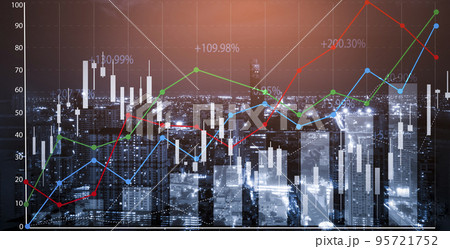 Financial graphs and glowing stock chart on blurry city background. Trade and investment concept. Stock market business concept. Financial graphs and digital indicators, Forex chart on cityscape . Financial graphs and glowing stock chart on blurry city background. Trade and investment concept. Stock market business concept. Financial graphs and digital indicators, Forex chart on cityscape . 95721752