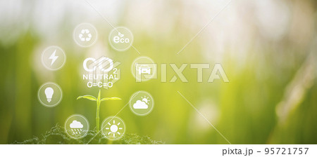Concept CO2 emission with Ecology and Green leaf in soil in the nature background, reduce CO2 carbon on business working, natural environment uses renewable energy,environment protection, Earth day 95721757