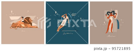 Hand drawn vector abstract graphic illustrations with zodiac astrological contemporary fire signs symbols collection set, magic boho female characters,clipart boho design,feminine astrology concept. 95721895
