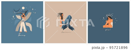 Hand drawn vector abstract graphic illustrations with zodiac astrological contemporary earth signs symbols collection set, magic boho female characters,clipart boho design,feminine astrology concept. 95721896