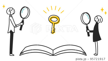 本から発見、解決の鍵を得る男性と女の子 本から発見、解決の鍵を得る男性と女の子 95721917