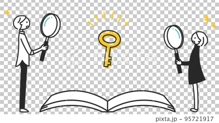 本から発見、解決の鍵を得る男性と女の子 本から発見、解決の鍵を得る男性と女の子 95721917