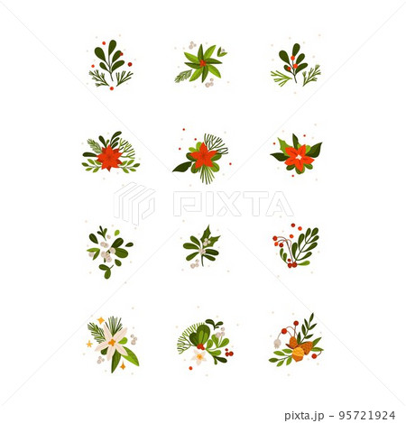 Hand drawn vector abstract graphic Merry Christmas and Happy new year clipart illustrations greeting card set with flowers and leaves.Merry Christmas cute floral design background.Winter holiday art. 95721924