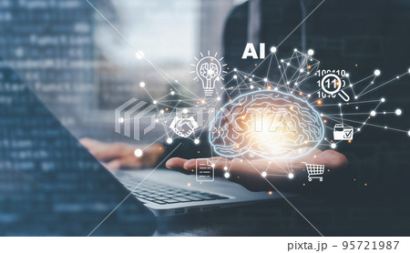 Man hand hold brain icon with laptop, communication with cloud and contact icon in the dark background in graph Screen Icon of a media screen, Technology Process System Business, idea and Creative 95721987