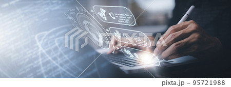 Concept Technology with Laptop. Hand using laptop with forex graph hologram, Concept technical analysis, digital software technology development, Data Processing, internet network technology concept 95721988