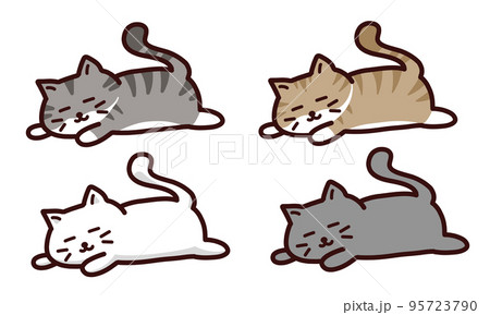 しっぽを立てて寝転んでいる幸せそうなねこ4種のイラスト素材