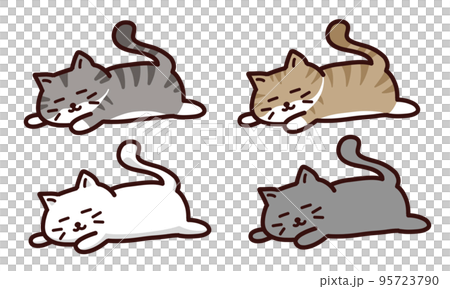 しっぽを立てて寝転んでいる幸せそうなねこ4種のイラスト素材