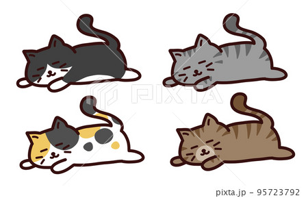 しっぽを立てて寝転んでいる幸せそうなねこ4種のイラスト素材