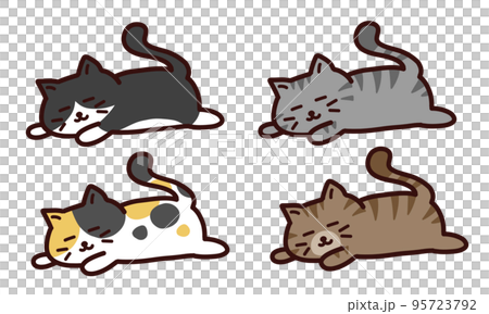 しっぽを立てて寝転んでいる幸せそうなねこ4種のイラスト素材