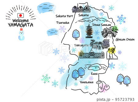 冬の山形の観光地シンプル線画イラストマップ