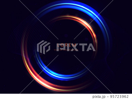 Abstract technology futuristic neon circle glowing blue and red light lines with speed motion blur effect on dark blue background. Abstract technology futuristic neon circle glowing blue and red light lines with speed motion blur effect on dark blue background. 95723962