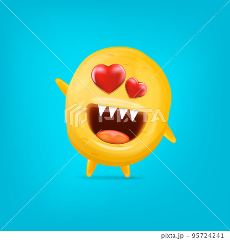 Vector cartoon funny yellow alien monster with heart eyes isolated on blue background. Silly monster print sticker design template. Cute Ghost, troll, gremlin, goblin, devil and halloween monster 95724241