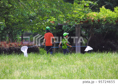 少年達は白い虫取り網を持ち蝶を追いかける。春の公園はエネルギーに満ちて 少年達は白い虫取り網を持ち蝶を追いかける。春の公園はエネルギーに満ちて 95724655
