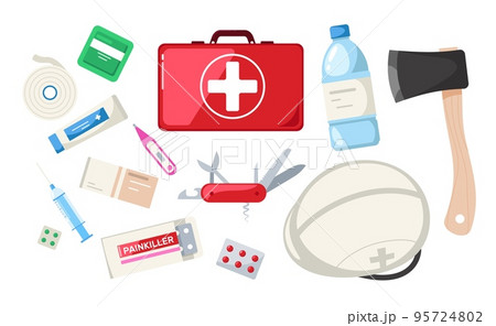 Emergency kit. Cartoon survival evacuation equipment with medical pills flashlight helmet bottle, preparedness first aid tools. Vector isolated collection 95724802