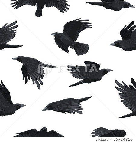 Crow pattern. Seamless print of black flying ravens, rook silhouette background for fabric wrapping paper textile design. Vector gothic texture 95724816