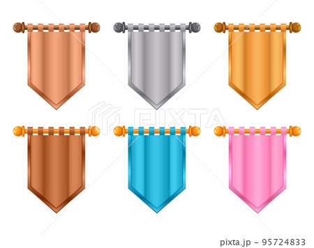 Game level flags. Abstract gold silver bronze medieval banners for GUI design, vintage pennant flagstaff badges fantasy concept. Vector isolated collection 95724833