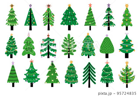 Decorated new year tree. Modern cartoon Christmas fir with decorations, new year xmas symbols of merry celebration. Vector winter season set 95724835