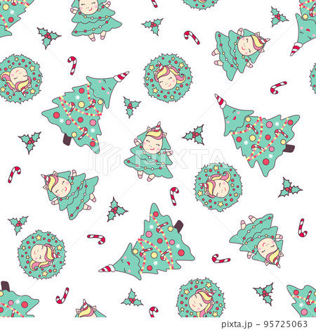 Christmas seamless pattern with cute unicorns, christmas tree, candy cane and holly isolated on white background. 95725063