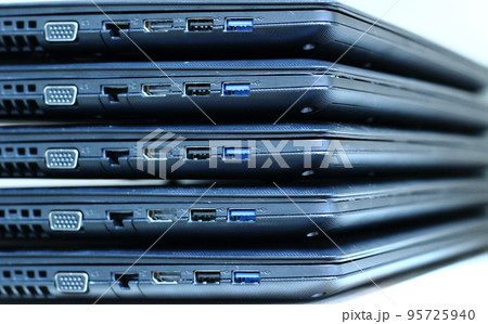 Computer connectivity. Sockets panel of Laptops Folded Stack Computer connectivity. Sockets panel of Laptops Folded Stack 95725940