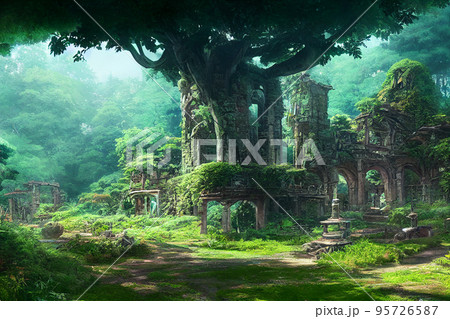 イラスト 絵画 自然 山 森 樹木 秘境 建物 95726587