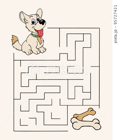 Children's maze with animals, cute dog and bones. Illustration, vector Children's maze with animals, cute dog and bones. Illustration, vector 95727421