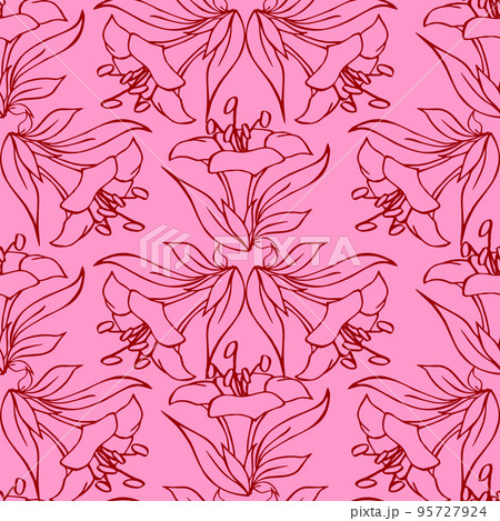 seamless contour pattern of large red graphic flowers on a pink background, texture, design seamless contour pattern of large red graphic flowers on a pink background, texture, design 95727924