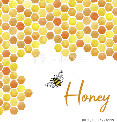 card with yellow honeycomb. frame, border, print with watercolor bee honeycomb and bee isolated on white background. 95728449