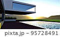 Console floor with a glass facade against the backdrop of an amazing sunset in the mountains. The sun is reflected on the surface of the water in the pool. 3d rendering. 95728491