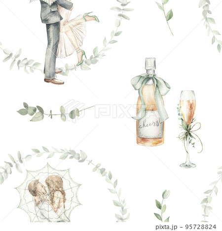 Watercolor seamless wedding pattern with bride and groom, eucalyptus, champagne. Perfect for wallpaper, wrapping paper, fabric, design, digital paper Watercolor seamless wedding pattern with bride and groom, eucalyptus, champagne. Perfect for wallpaper, wrapping paper, fabric, design, digital paper 95728824