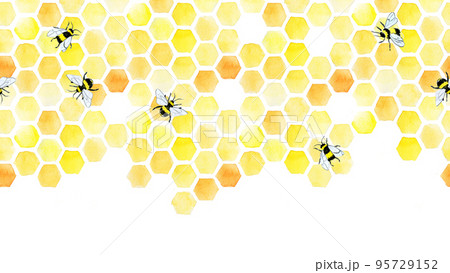 watercolor seamless border, pattern with honeycomb and cute bees. hand drawing, yellow honeycomb, print on the theme of farming, organic products, beekeeping, honey production. web banner 95729152