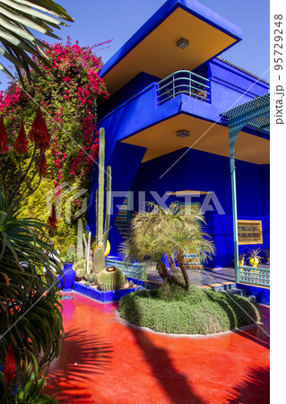 View on colorful wall (Blue) and  potted plants in  Majorelle garden (former owner  of fashion guru Yves Saint Laurent) in Marrakech 95729248
