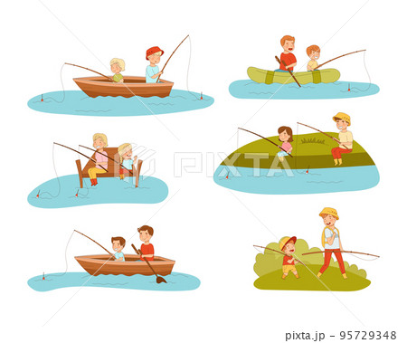 Parents and kids fishing with fishing rods set. Mom, dad and children sitting in boat and shore cartoon vector illustration Parents and kids fishing with fishing rods set. Mom, dad and children sitting in boat and shore cartoon vector illustration 95729348